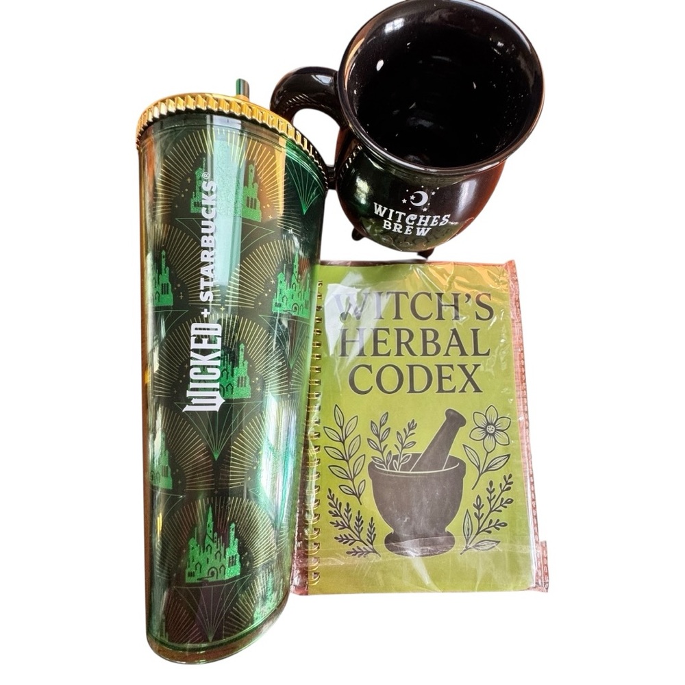 STARBUCKS "Wicked" Emerald City Metallic Green Cold Cup 24oz & Calderon & Note